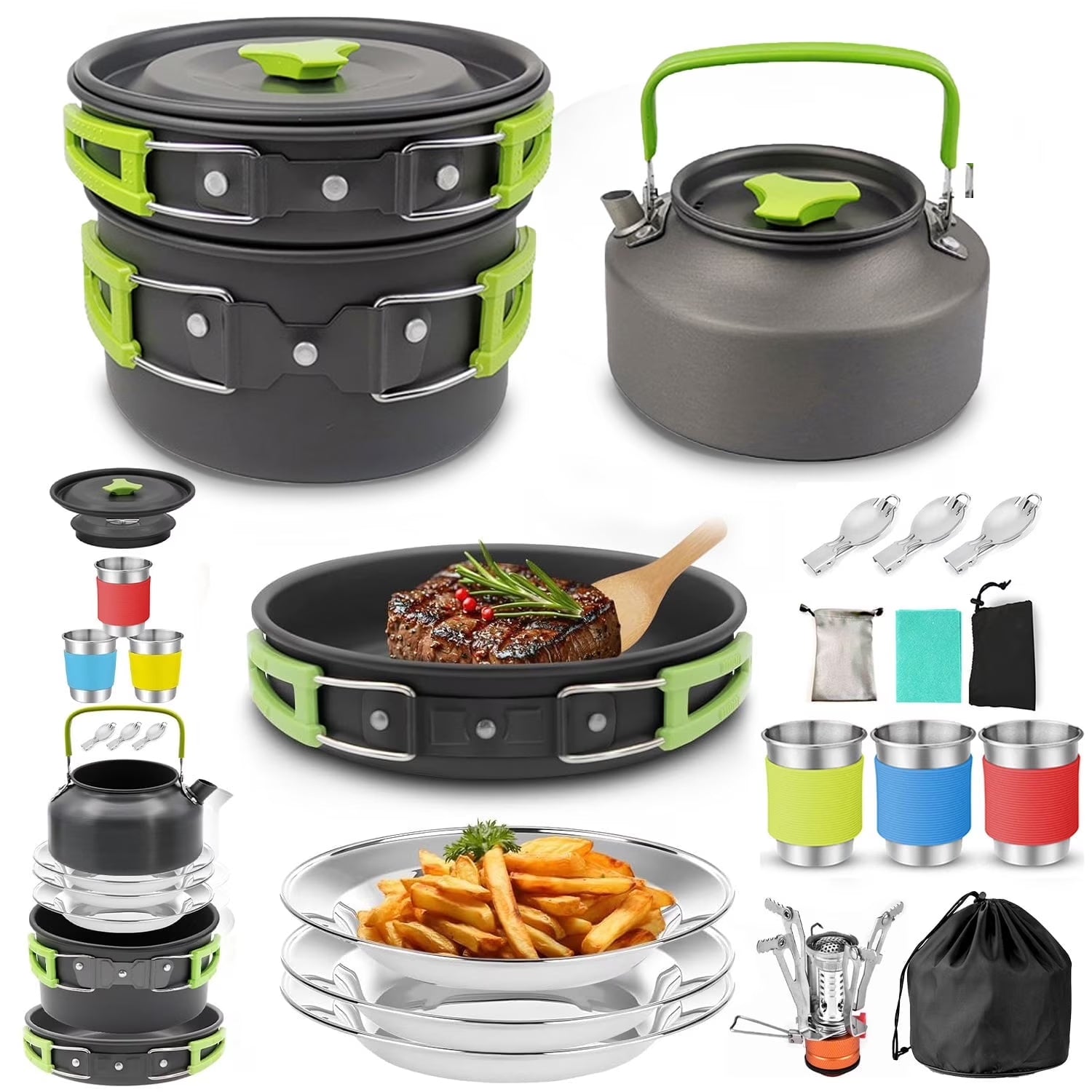 15Pcs Camping Cookware Set with Mini Stove, Aluminum Camping Cookware Kit, Folding Camping Cooking Set with Non-Stick Pot Pan Teapot Storage Bag for Camping Backpacking Outdoor Cooking Picnic