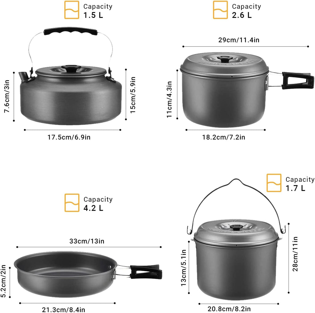 13Pcs Camping Cookware Mess Kit, Nonstick Backpacking Cooking Set, Outdoor Cook Gear for Family Hiking, Picnic Lightweight Cookware Sets(Kettle, Pots, Frying Pan, Bpa-Free Bowls, Plates, Spoon)
