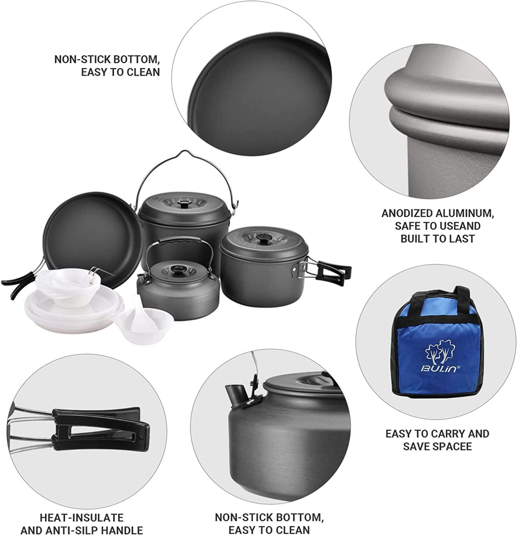 13Pcs Camping Cookware Mess Kit, Nonstick Backpacking Cooking Set, Outdoor Cook Gear for Family Hiking, Picnic Lightweight Cookware Sets(Kettle, Pots, Frying Pan, Bpa-Free Bowls, Plates, Spoon)