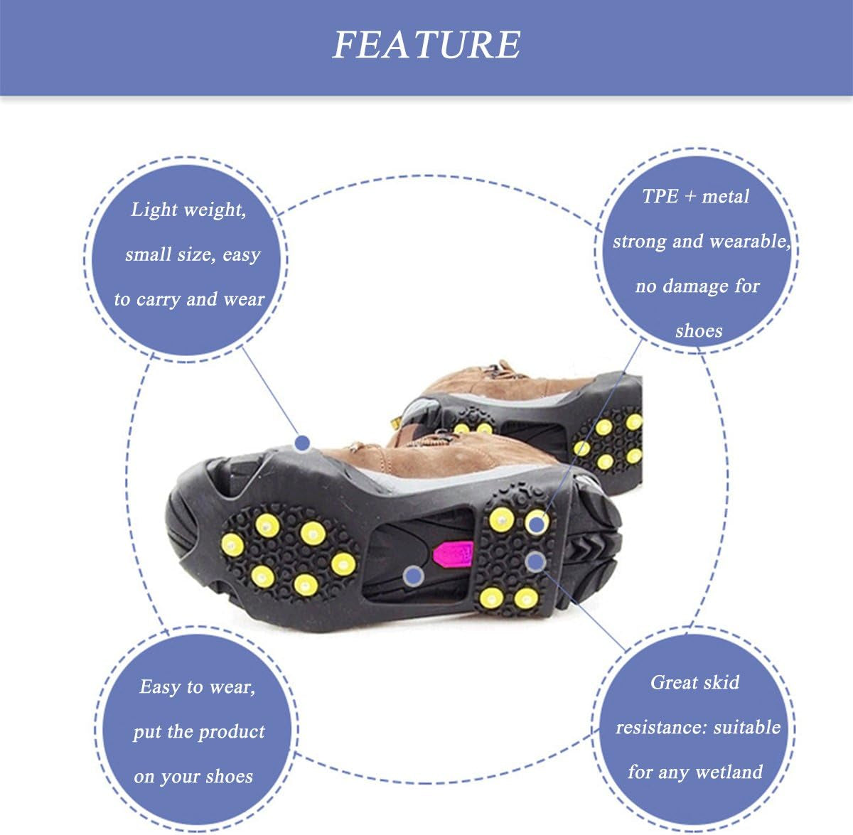 Ice Cleats for Shoes and Boots, Ice Snow Traction Cleats Grippers, Non Slip Shoe Ice Grippers,10 Steel Rubber Spikes Crampons anti Easy Slip Studs Crampons Slip-On Stretch Footwear