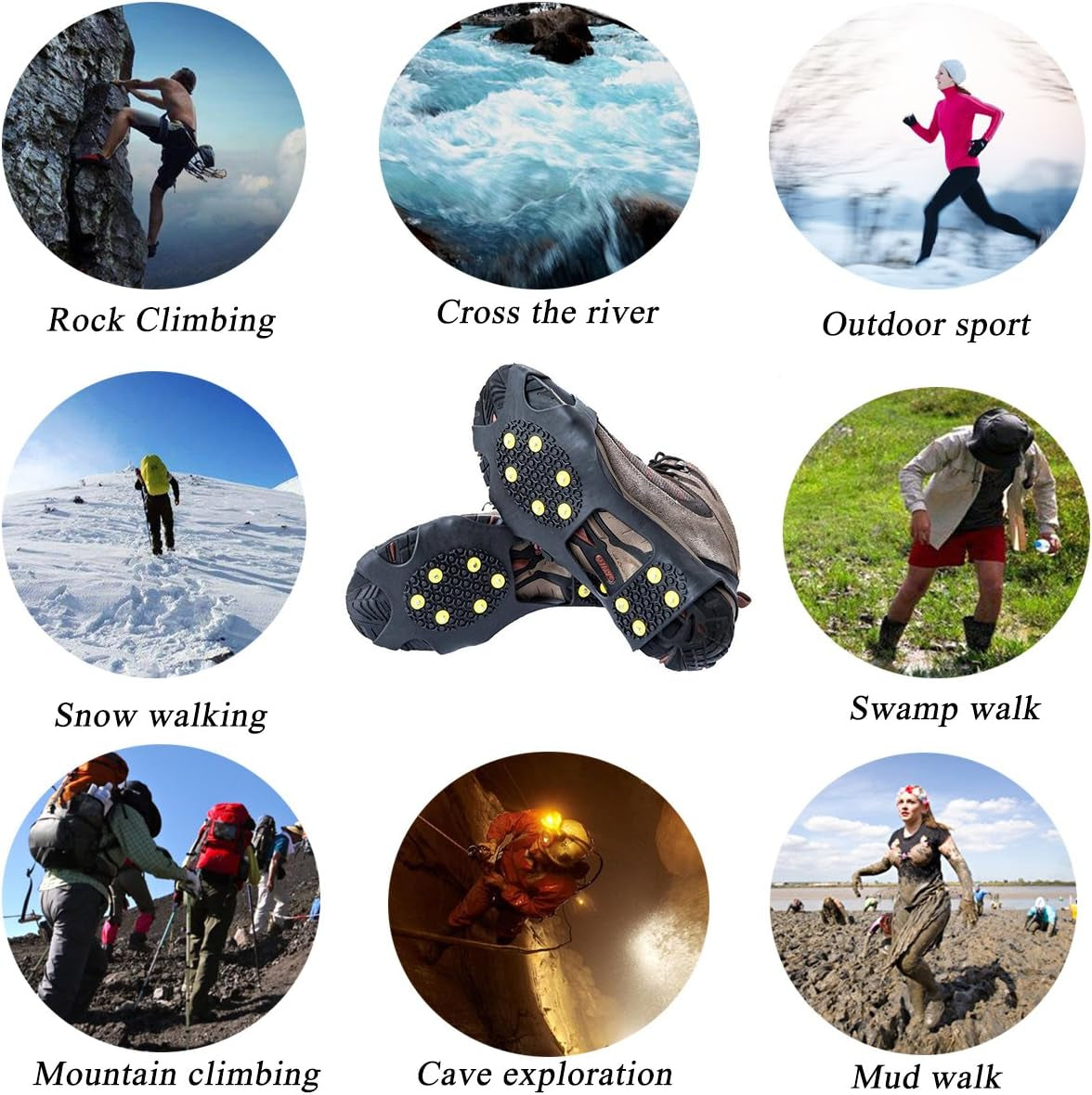 Ice Cleats for Shoes and Boots, Ice Snow Traction Cleats Grippers, Non Slip Shoe Ice Grippers,10 Steel Rubber Spikes Crampons anti Easy Slip Studs Crampons Slip-On Stretch Footwear