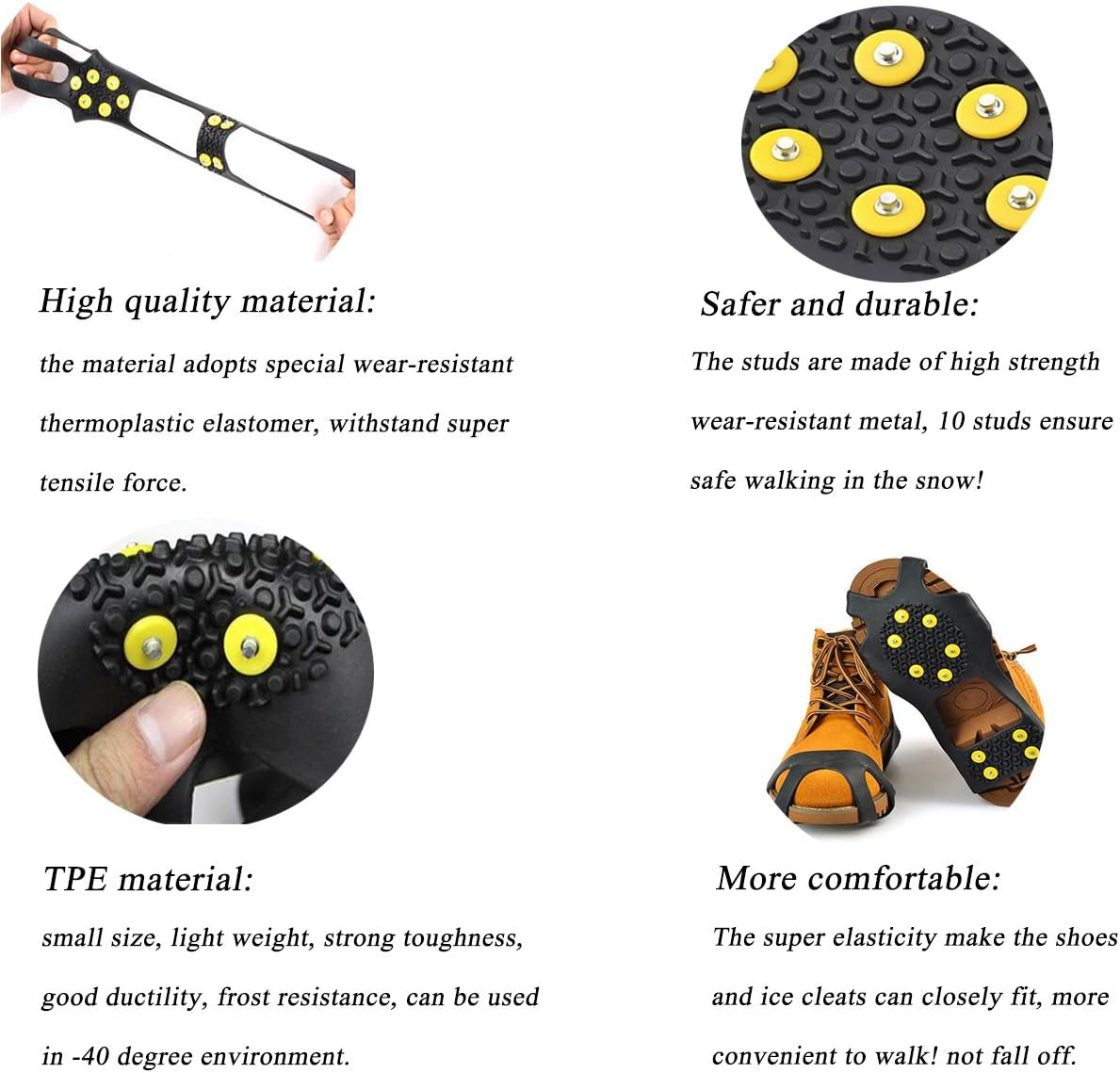 Ice Cleats for Shoes and Boots, Ice Snow Traction Cleats Grippers, Non Slip Shoe Ice Grippers,10 Steel Rubber Spikes Crampons anti Easy Slip Studs Crampons Slip-On Stretch Footwear