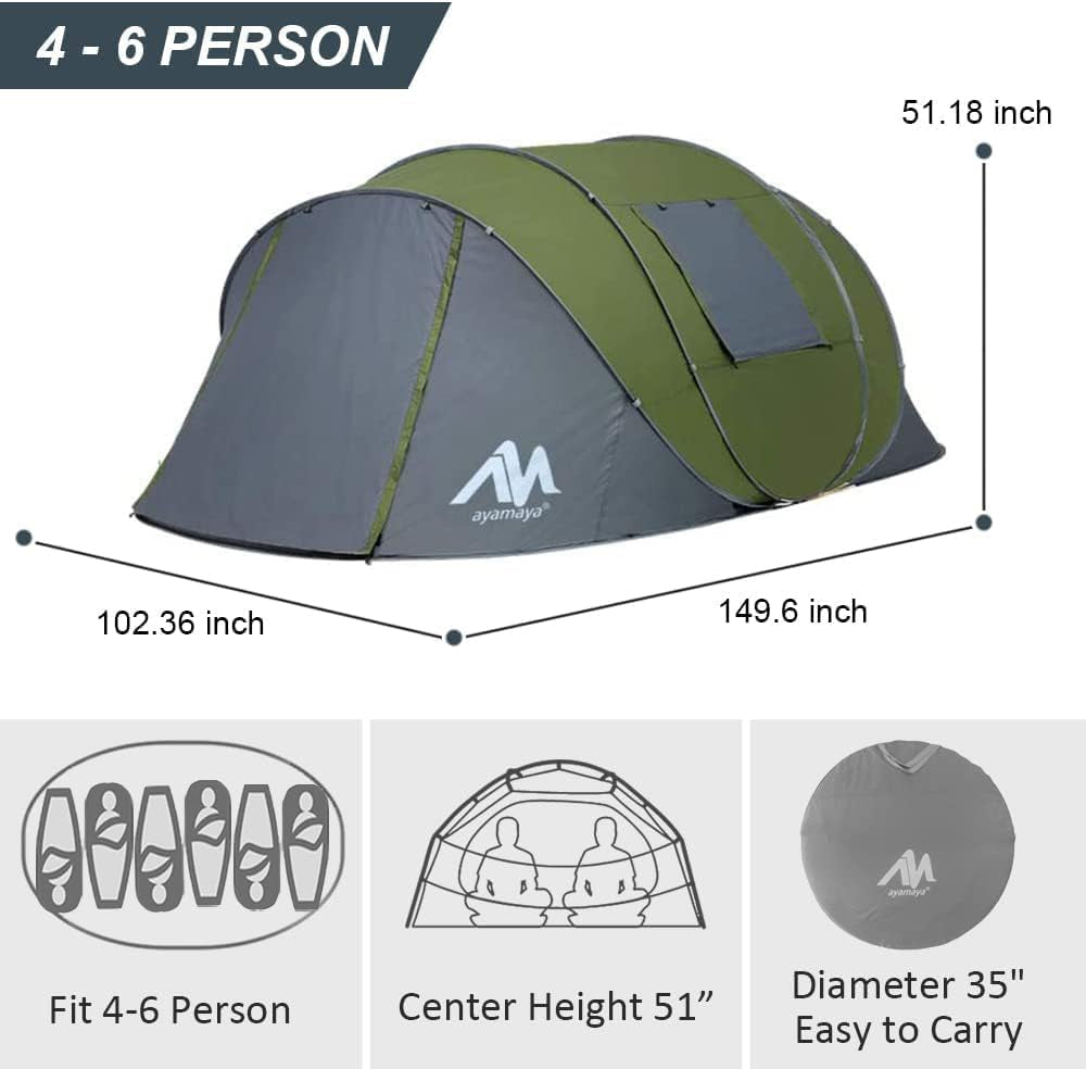 6 Person Easy Pop up Tents for Camping -  Double Layer Waterproof Instant Tent with Vestibule & Porch, Large Size Family Tent Automatic Setup for 4-6 People Camping Hiking (Poles Included)