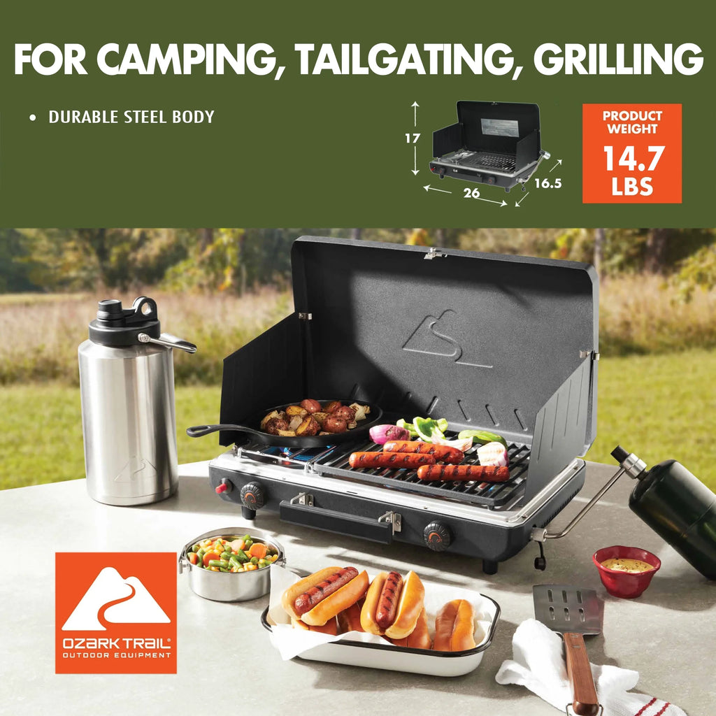 2 Burner Black Propane 2-In-1 Portable Camp Stove and Grill, Model GCT2220WB, New