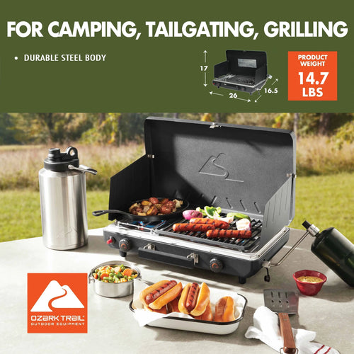 2 Burner Black Propane 2-In-1 Portable Camp Stove and Grill, Model GCT2220WB, New
