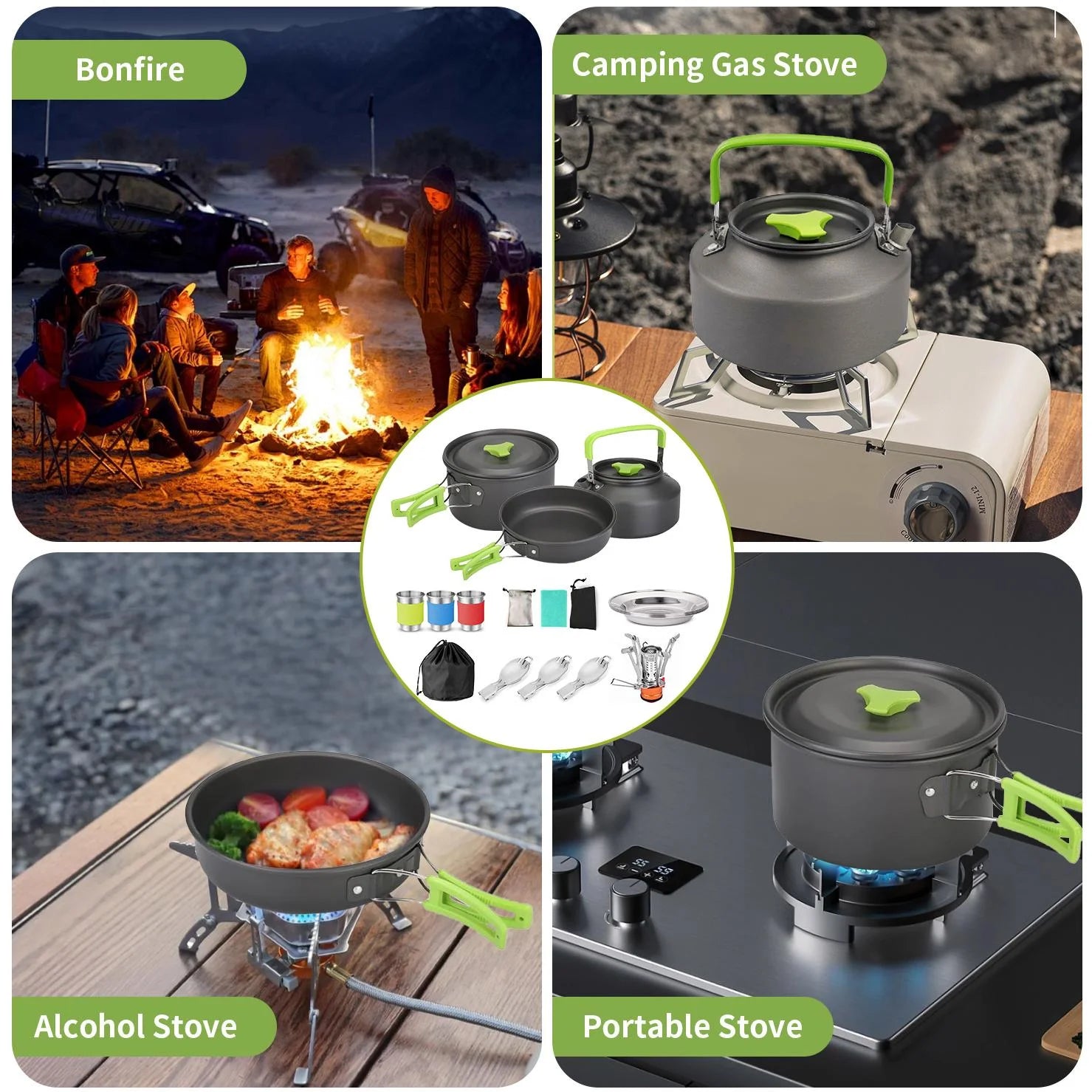 15Pcs Camping Cookware Set with Mini Stove, Aluminum Camping Cookware Kit, Folding Camping Cooking Set with Non-Stick Pot Pan Teapot Storage Bag for Camping Backpacking Outdoor Cooking Picnic