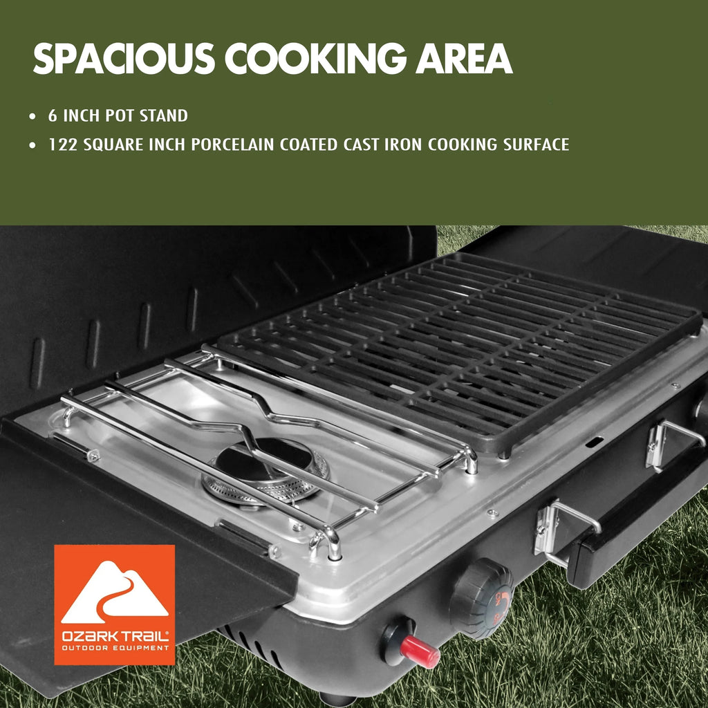 2 Burner Black Propane 2-In-1 Portable Camp Stove and Grill, Model GCT2220WB, New