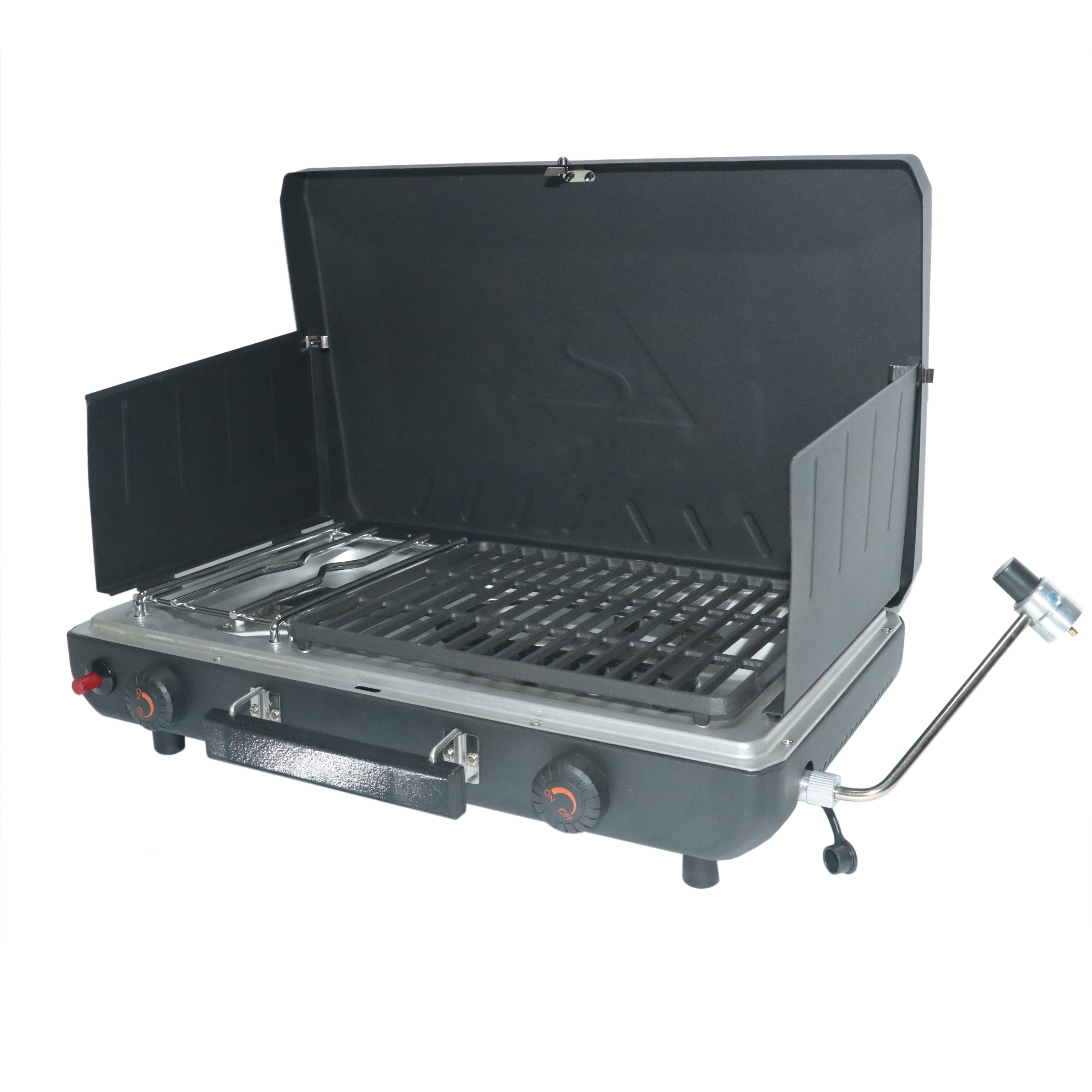 2 Burner Black Propane 2-In-1 Portable Camp Stove and Grill, Model GCT2220WB, New