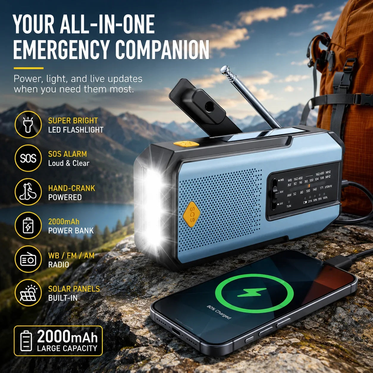 EverTrail Emergency Radio — Solar &amp; Hand Crank, 2000mAh