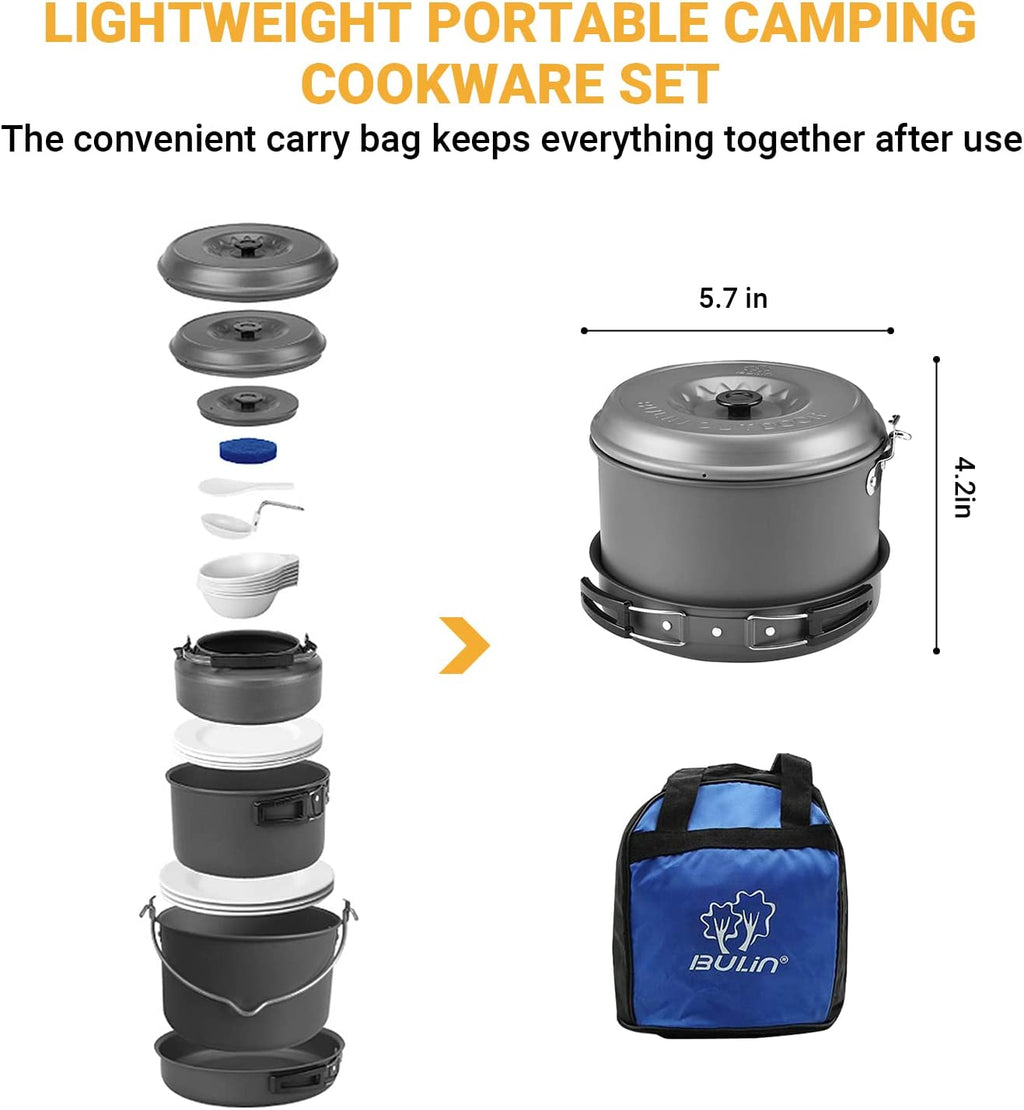 13Pcs Camping Cookware Mess Kit, Nonstick Backpacking Cooking Set, Outdoor Cook Gear for Family Hiking, Picnic Lightweight Cookware Sets(Kettle, Pots, Frying Pan, Bpa-Free Bowls, Plates, Spoon)