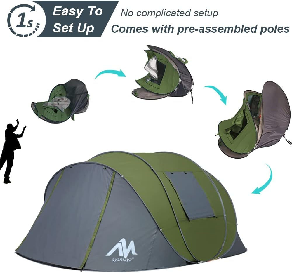 6 Person Easy Pop up Tents for Camping -  Double Layer Waterproof Instant Tent with Vestibule & Porch, Large Size Family Tent Automatic Setup for 4-6 People Camping Hiking (Poles Included)