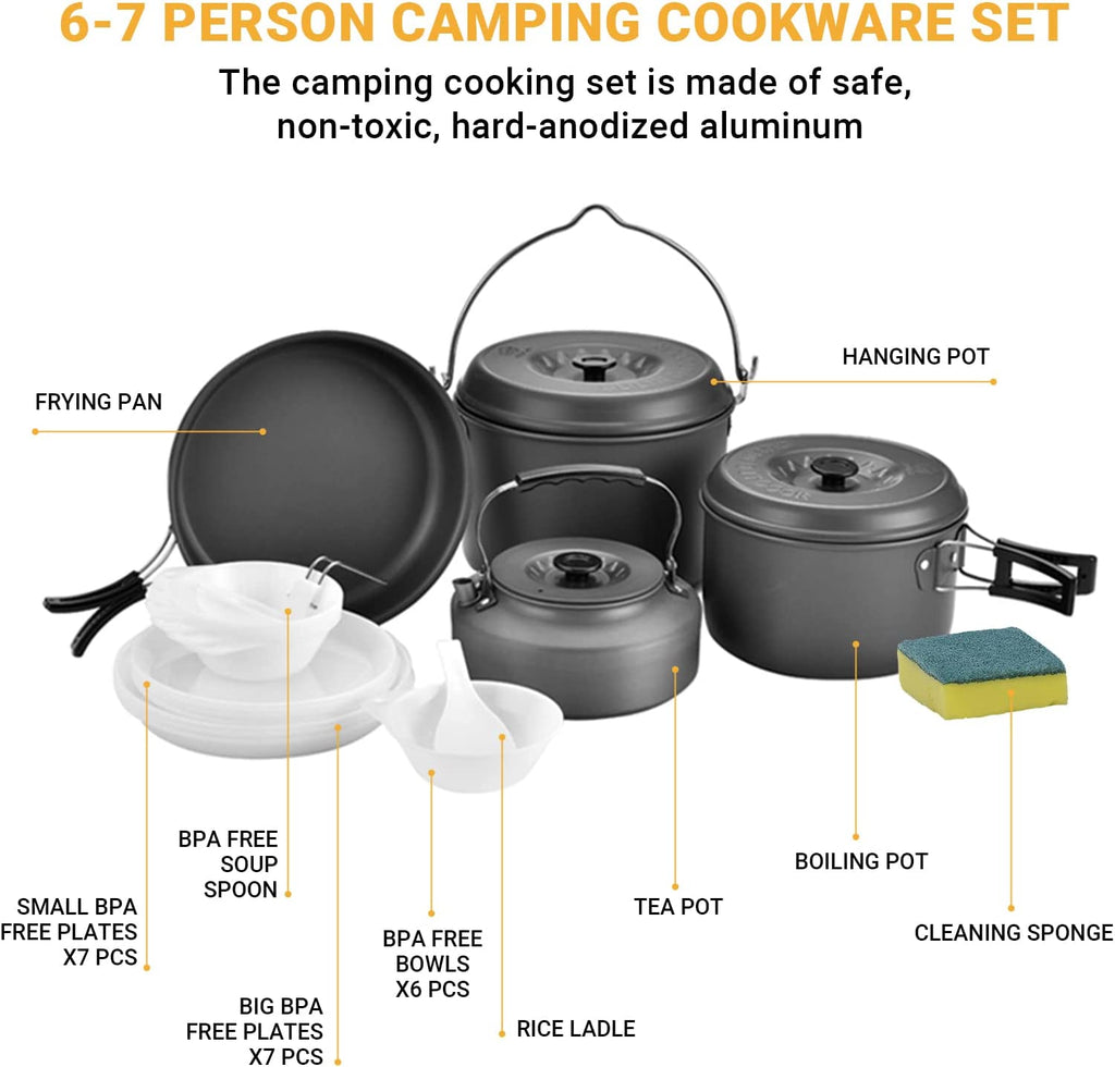 13Pcs Camping Cookware Mess Kit, Nonstick Backpacking Cooking Set, Outdoor Cook Gear for Family Hiking, Picnic Lightweight Cookware Sets(Kettle, Pots, Frying Pan, Bpa-Free Bowls, Plates, Spoon)