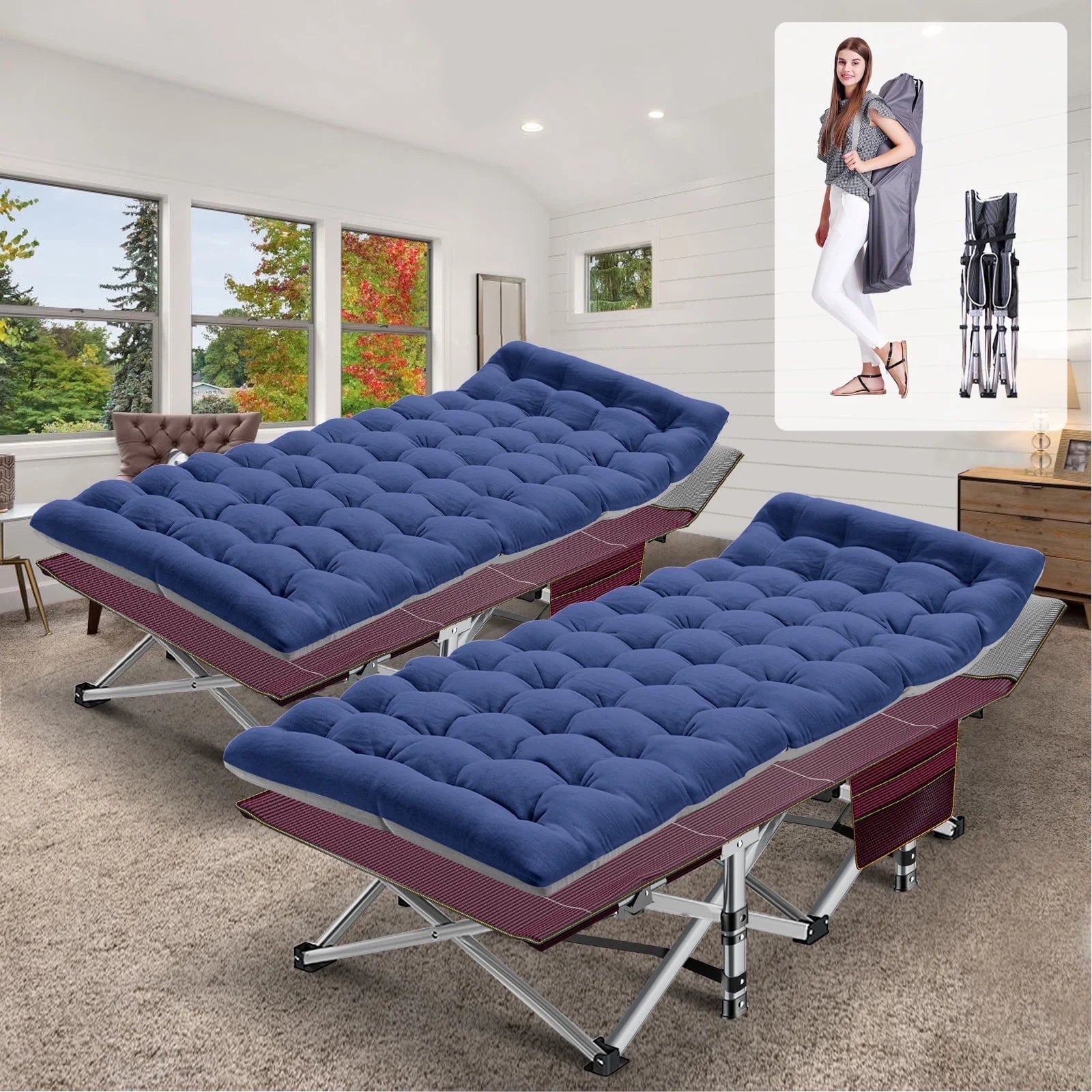 XL 2 Packs Folding Camping Cots with 2 Sided Mattress & Carry Bag, 75"*28" Sleeping Cot, Foldable Guest Beds Cot, Supports up to 880 Lbs