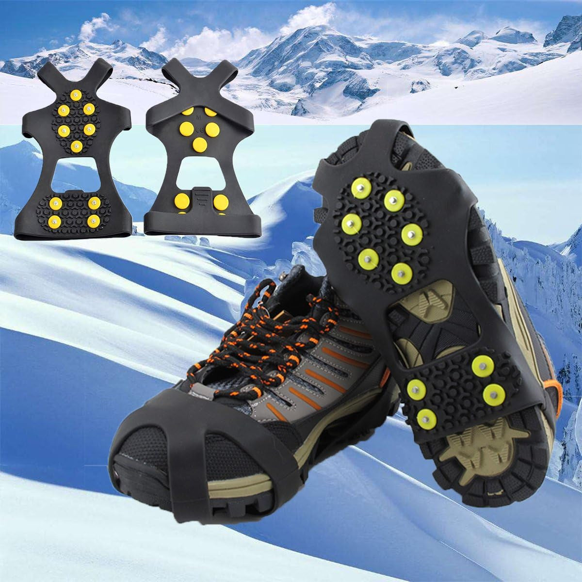 Ice Cleats for Shoes and Boots, Ice Snow Traction Cleats Grippers, Non Slip Shoe Ice Grippers,10 Steel Rubber Spikes Crampons anti Easy Slip Studs Crampons Slip-On Stretch Footwear
