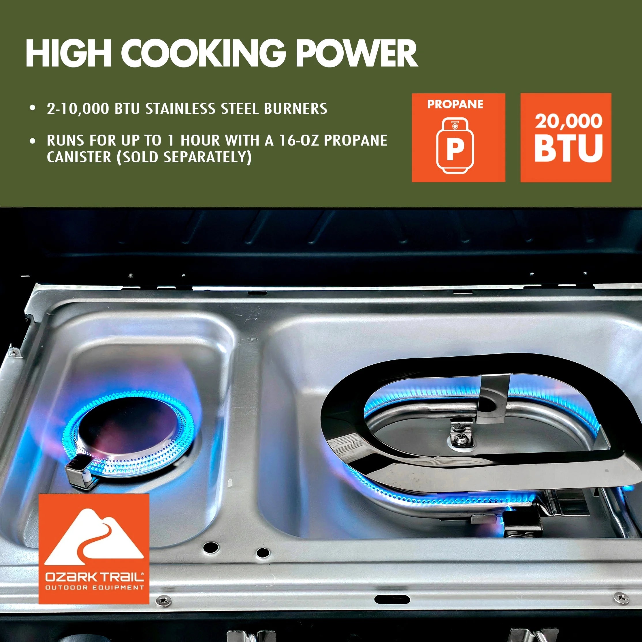 2 Burner Black Propane 2-In-1 Portable Camp Stove and Grill, Model GCT2220WB, New